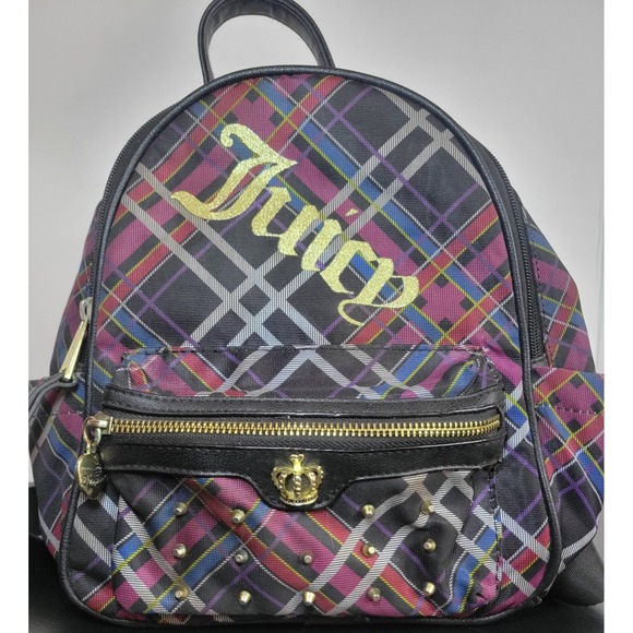 Juicy Couture Backpack Plaid Print Small Mini Gold Logo Studded Y2K - Picture 1 of 10